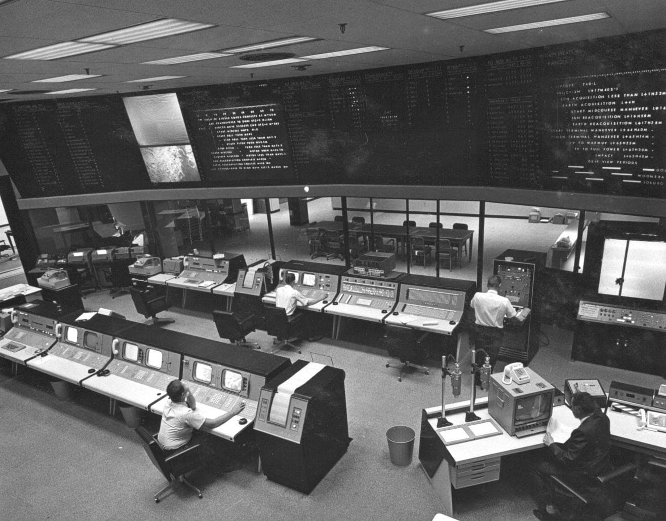NASA mission controllers at consoles in 1964.